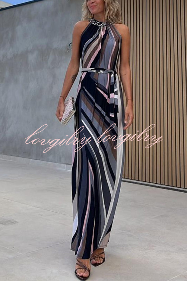 Flowing Elegance Colored Lines Printed Belt Halter Maxi Dress