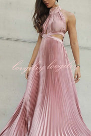 Stunning Choice Satin Pleated Halter High Neck Cutout Waist Backless Maxi Dress