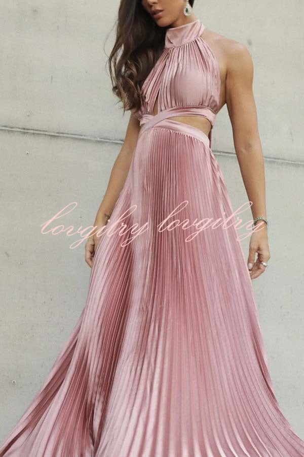 Stunning Choice Satin Pleated Halter High Neck Cutout Waist Backless Maxi Dress
