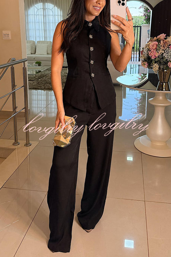 Fashion Lapel Sleeveless Button Vest and Casual Straight-leg Suit Pants Set