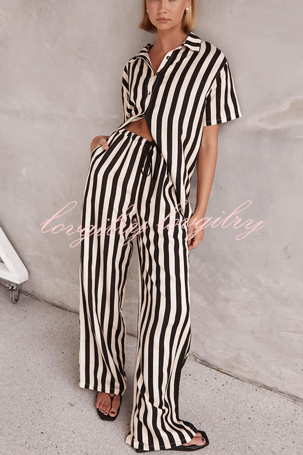 Erika Striped Casual Shirt and Elastic Waist Pocket Wide Leg Pants Set