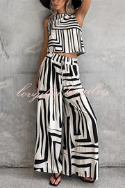 Striped Printed Sleeveless Casual Top and Elastic Waist Loose Pocket Wide-leg Pants Set