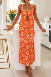 Fabulous Sunshine Print Lace Backless Slit Skirt Suit