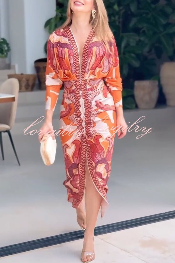 Brazilian Style Unique Print Dolman Long Sleeve Ruched Slit Midi Dress