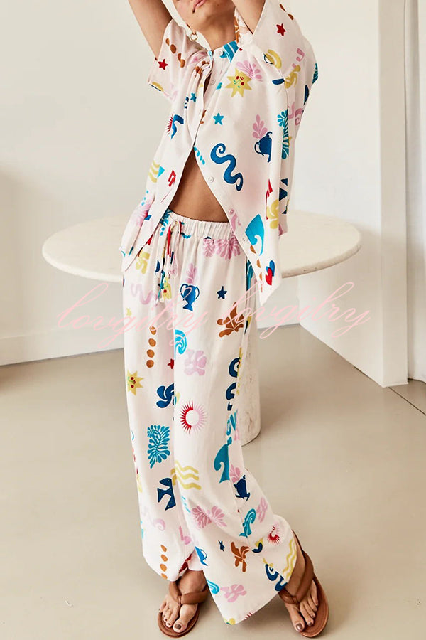 Summer Beach Element Printed Button Lace Up Pocket Pants Suit