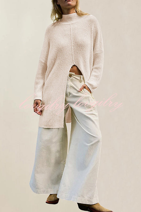 Solid Color Long Sleeve Slit Knitted Sweater