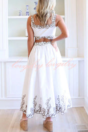 Perfect Vacation Embroidered Trim Crop Tank and Elastic Waist A-line Maxi Skirt Set