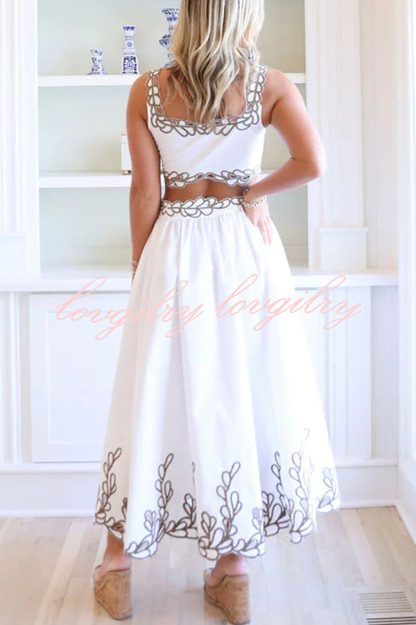 Perfect Vacation Embroidered Trim Crop Tank and Elastic Waist A-line Maxi Skirt Set