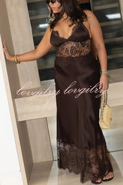 Elegant Evening Satin Lace Patchwork See-through Waist Slip Maxi Dress