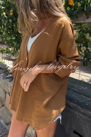 Solid Color V-neck Loose Long-sleeved Button Top