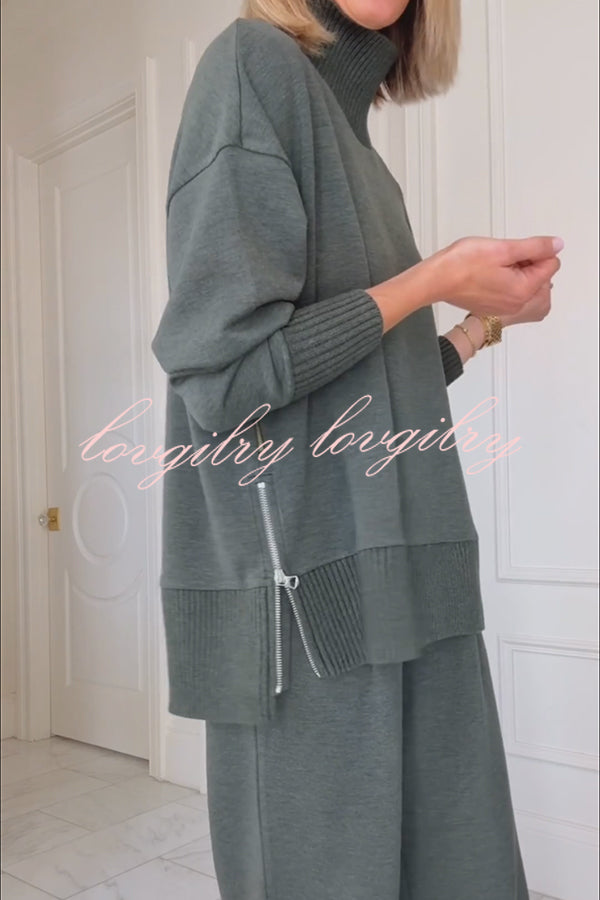 Barker High-Neck Long Sleeve Side Zipper Sweatshirt and Elastic Waist Pocketed Loose Pants Set