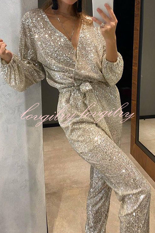 Cheers To You Sequin Long Sleeve Belted Wrap Loose Jumpsuit