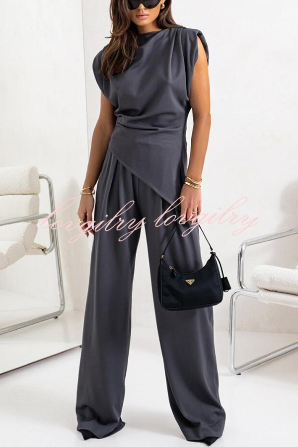 Jordy Ruched Shoulder Slit Top and Elastic Waist Pocketed Wide Leg Pants Set