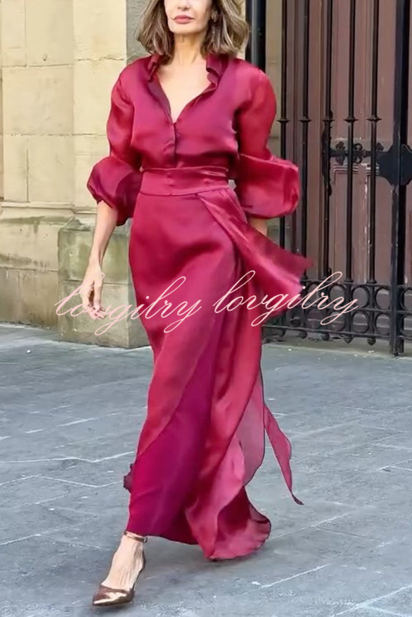 Lily Chiffon Bow Detail Puff Sleeve Blouse and Elegant Layered Maxi Skirt Set