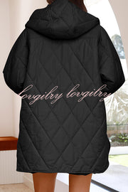 Diamond Quilted Button Pocket Hooded Long Sleeve Coat