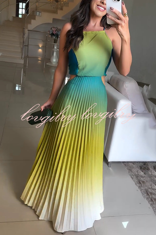 Fashionable Backless Tie Elegant Gradient Pleated Maxi Dress