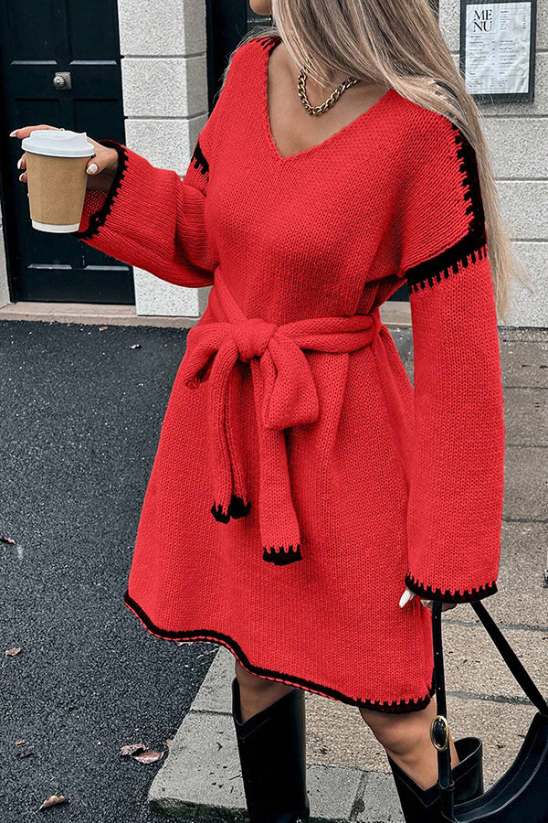 Stylish Loose-fitting Long-sleeved Tie-waist Knit Mini Dress