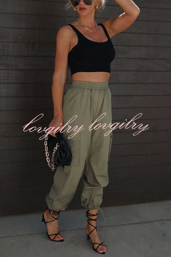 Let’s Rewind Nylon Elastic Waist Pocketed Cargo Pants