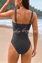 Fashionable Color-blocked Metal Button Stretch One-piece Swimsuit