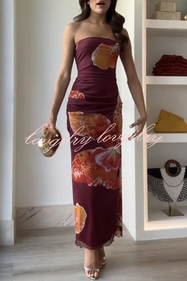 Oh So Sunny Mesh Floral Print Bandeau Stretch Maxi Dress