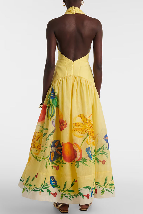 Floral Print Halterneck Open Back Full Hem Maxi Dress