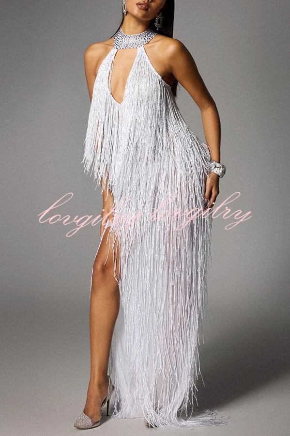 Glimmer Hour Shiny Layered Tassels Halter Cutout Neck Split Maxi Dress