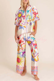 Colorful Vibes Satin Unique Print Short Sleeve Loose Shirt and Elastic Waist Pocket Slit Pants Set