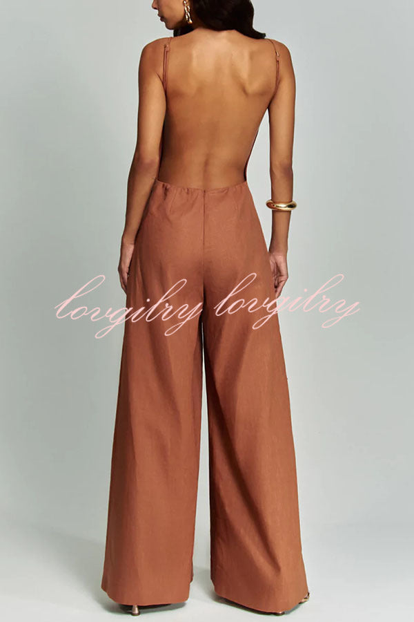 Kelso Linen Blend Square Neck Pocketed Backless Wide Leg Jumpsuit