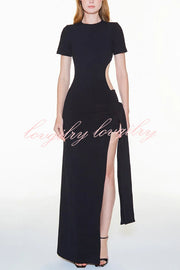 Holiday Party Ribbed Knit Cutout Waist Straps Slit Maxi Dress