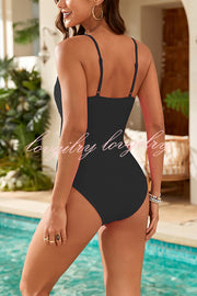 Fashionable Splicing Spaghetti Strap Metal Buckle One-piece Bikini Swimsuit