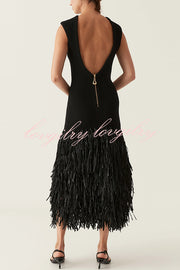 Christie Ribbed Patchwork Tiered Fringed Hem Zipper Backless Maxi Dress