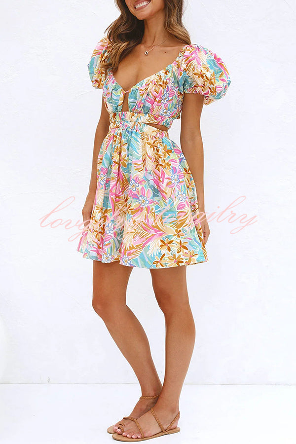 How Sweet Floral Puff Sleeve Cutout Elastic Waist Mini Dress