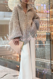 Warm Shining Heart Knit Sequin Balloon Sleeve Zipper Neck Loose Cardigan