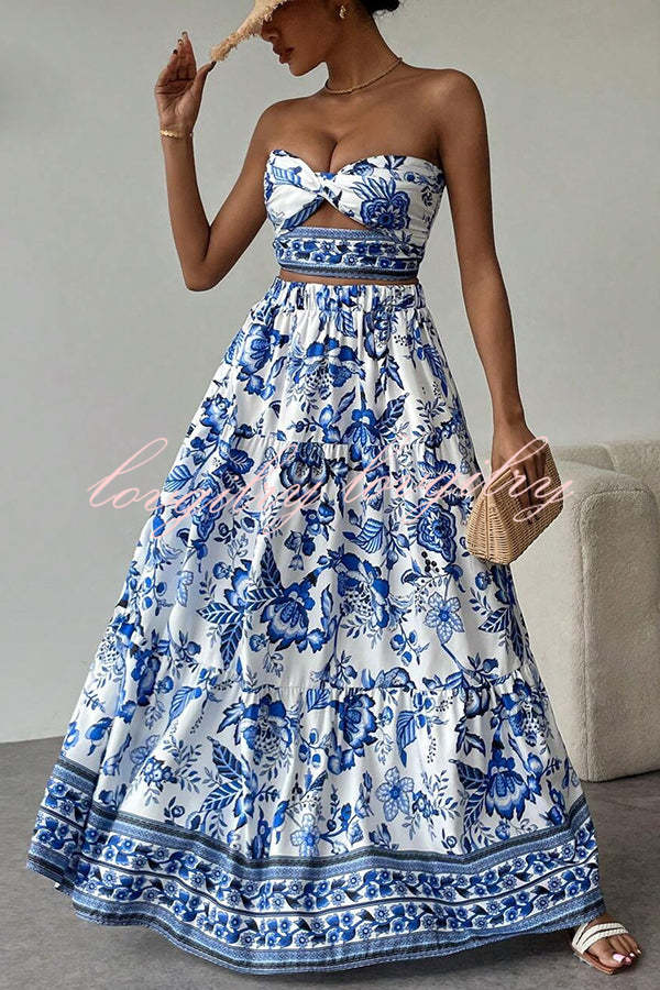 Floral Print Cutout Bandeau Top and Elastic Waist Full Maxi Skirt Set