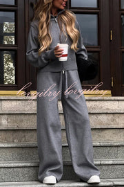 Effortlessly Stylish Ribbed Zipper High Neck Sweatshirt and Elastic Waist Pocketed Loose Pants Set