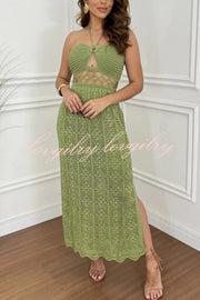 Avena Crochet Knit Cutout Waist Halter Texture Slit Maxi Dress