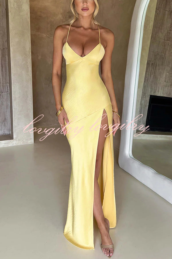 Satin Solid Color Sexy Backless Lace Up High Slit Maxi Dress