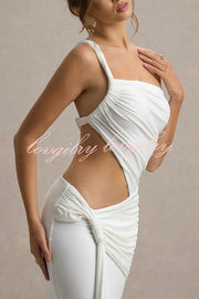 Sexy One-shoulder Backless Ribbon Pleated Slim Maxi Dress
