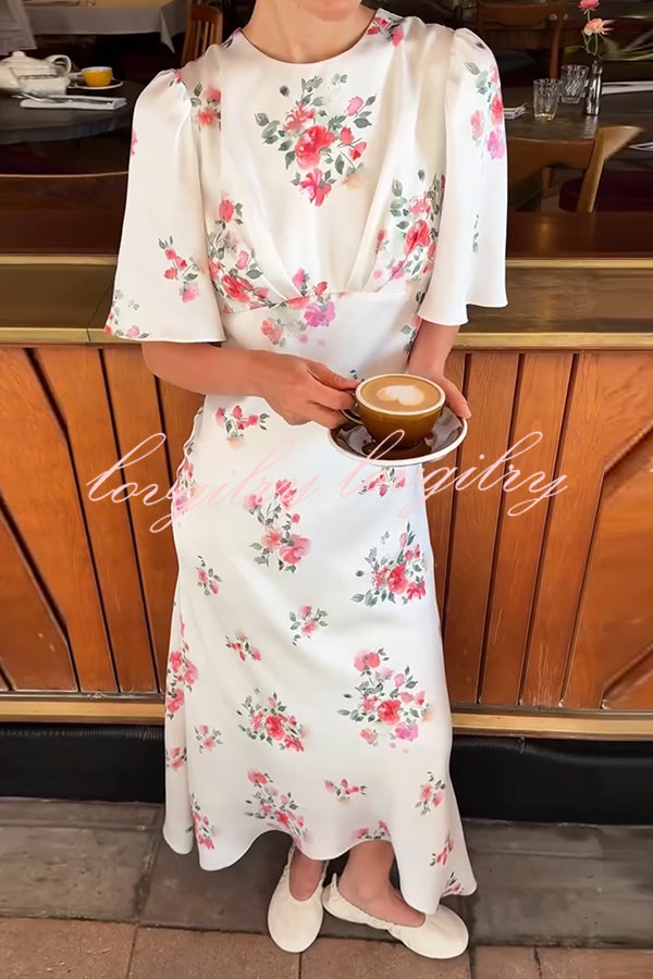 City Life Satin Floral Print Bell Sleeve Fitted Silhouette Maxi Dress