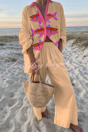 Pink Fish Print Oversized Shirt and Elastic Waist Pocket Pants Set