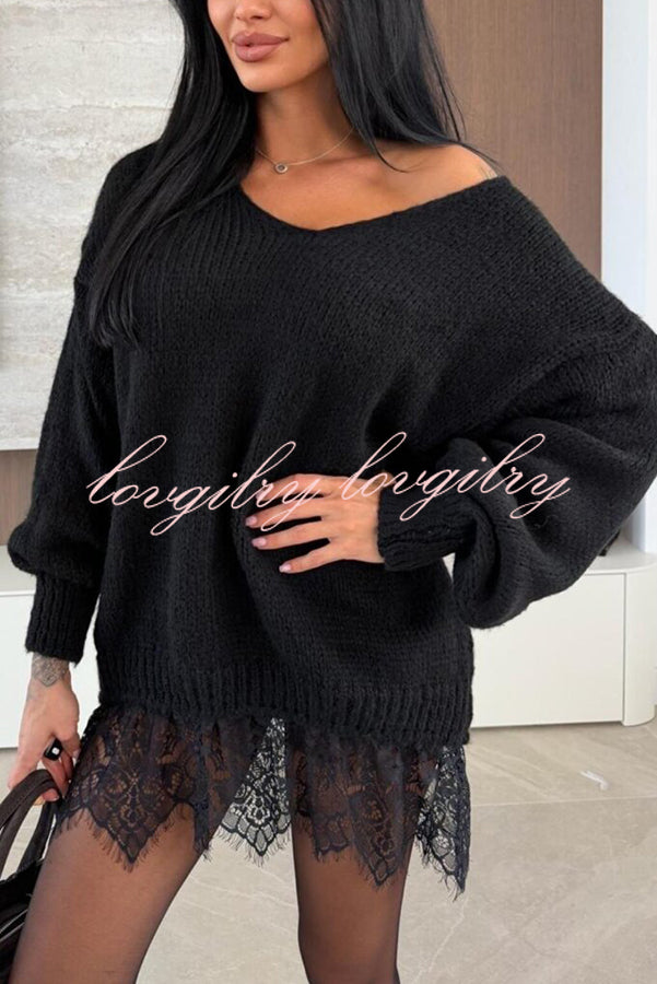 Comfy and Sweet Knit Lace Patchwork Hem Wide Neck Long Sleeve Loose Sweater
