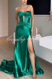 Emiliana Satin Twist Bust Cutout Corset Slit Prom Maxi Dress