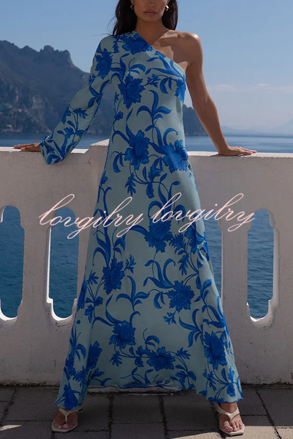 Satin Botanical Print One-Sleeve Resort Maxi Dress
