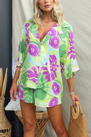 Viva La Travel Unique Print Loose Button Shirt and Elastic Waist Shorts Set