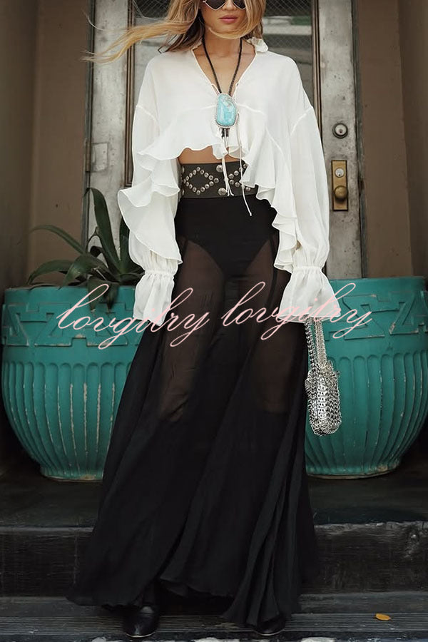 Boho Forever Chiffon Ruffles Balloon Sleeve Tie-up Blouse