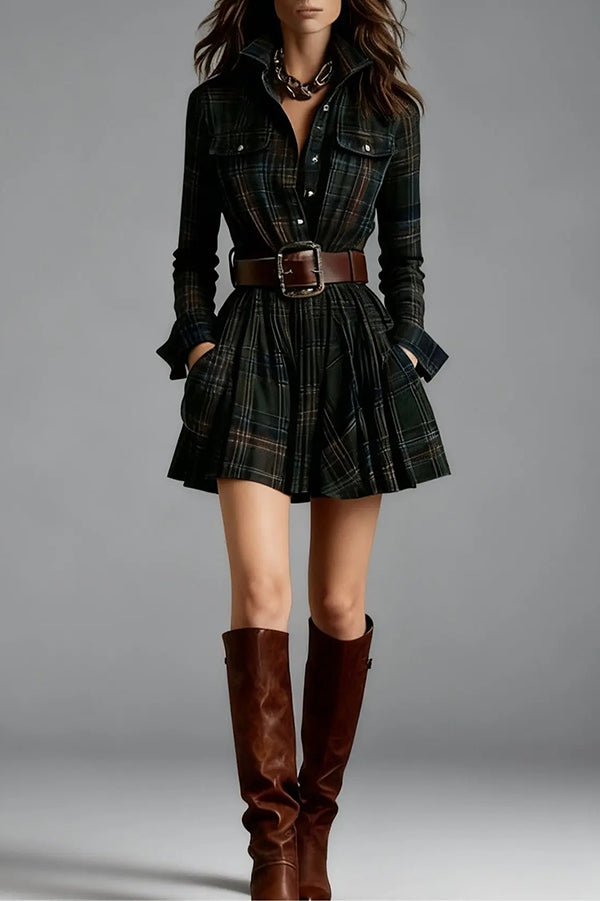 Plaid Print Lapel Long Sleeve Fitted Waist Pocket Casual Mini Dress
