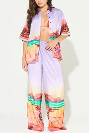 Lilac Sunrise Unique Print Short Sleeve Loose Shirt and Elastic Waist Pocket Pants Set