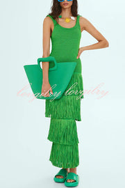 Solid Color Sleeveless Slim Fit Fringed Hem Knitted Midi Dress