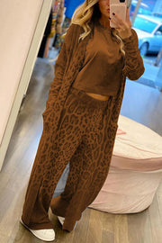 Comfort first Leopard Print Pocket Long Sleeve Cardigan Elastic Waist Pants Set