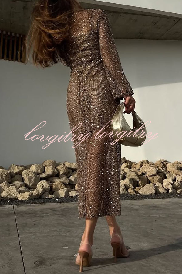 Fashion Sequined Hollow V-neck Long-sleeved Holiday Midi Dress